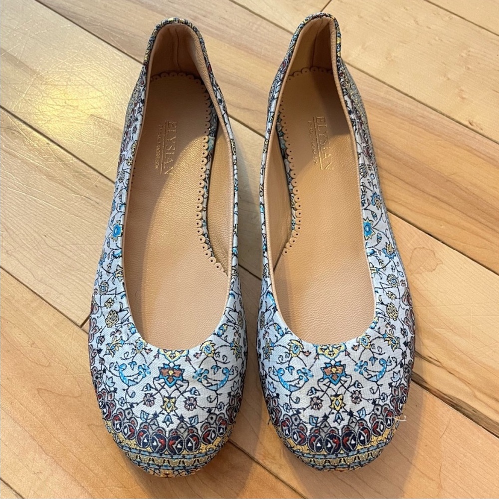 Elysian by Emily Morrison Ballet Flats slip on patterned fabric size 37